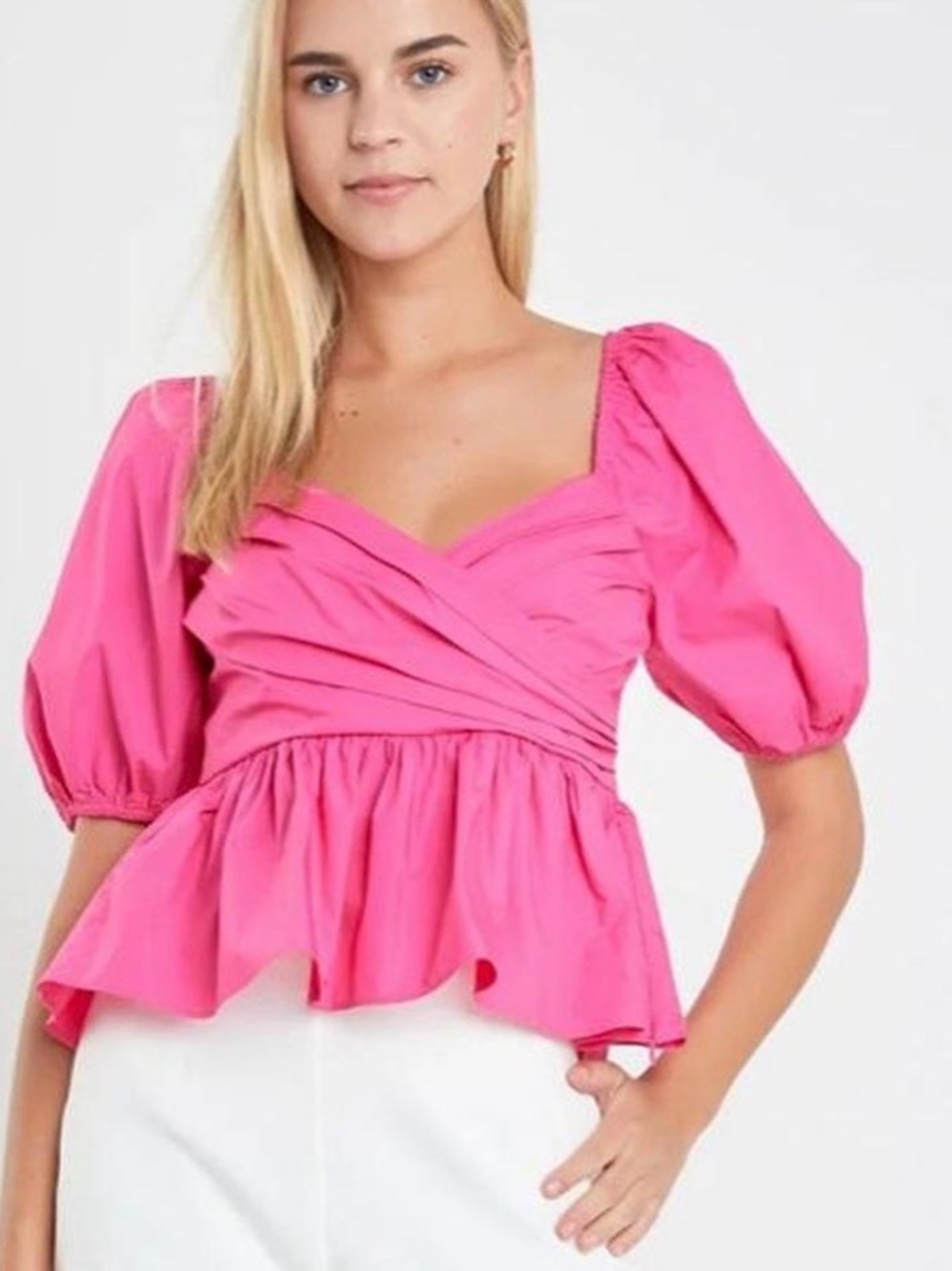 English Factory Hot Pink Puff Sleeve Peplum Blouse